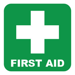 First aid sign. Green square and white cross symbol with text FIRST AID below, vector illustration