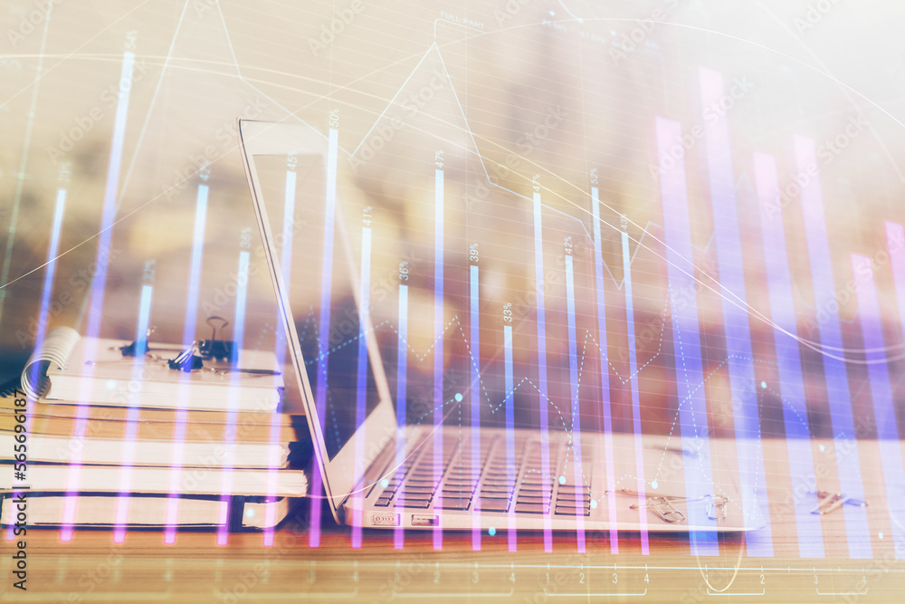 Poster Stock market graph on background with desk and personal computer. Multi exposure. Concept of financial analysis.