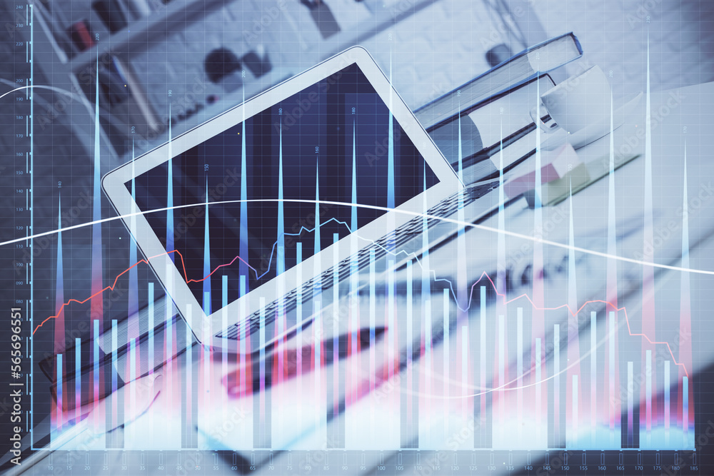 Poster Stock market graph on background with desk and personal computer. Multi exposure. Concept of financial analysis.