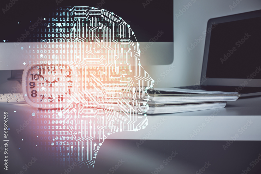 Poster Double exposure of table with computer and brain hologram. Data innovation concept.