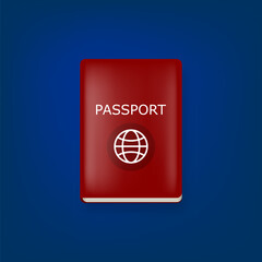 Vector red international passport cover design template isolated on stylish blue background. Red Passport icon with white simple earth globe and shadow