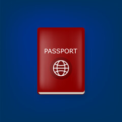 Vector red international passport cover design template isolated on stylish blue background. Red Passport icon with white simple earth globe and shadow