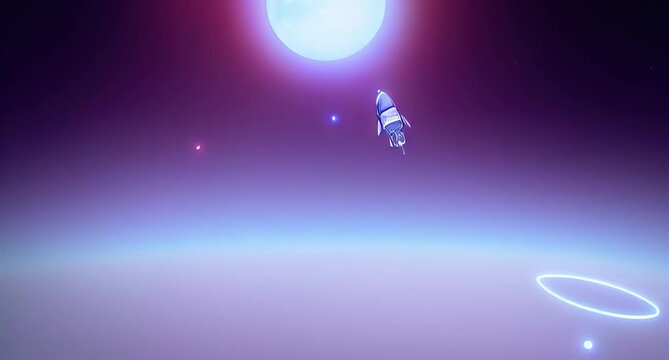 animation of cosmos with space ships in the universe flying around stars suns earth horizon purple 