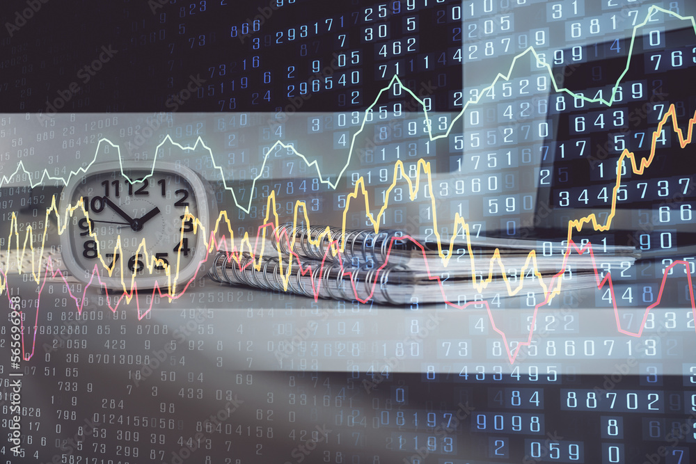 Poster Stock market graph on background with desk and personal computer. Multi exposure. Concept of financial analysis.