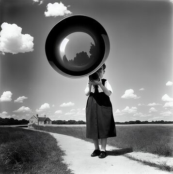 Illustration concept of a girl using an outrageous camera lens . Generative AI.