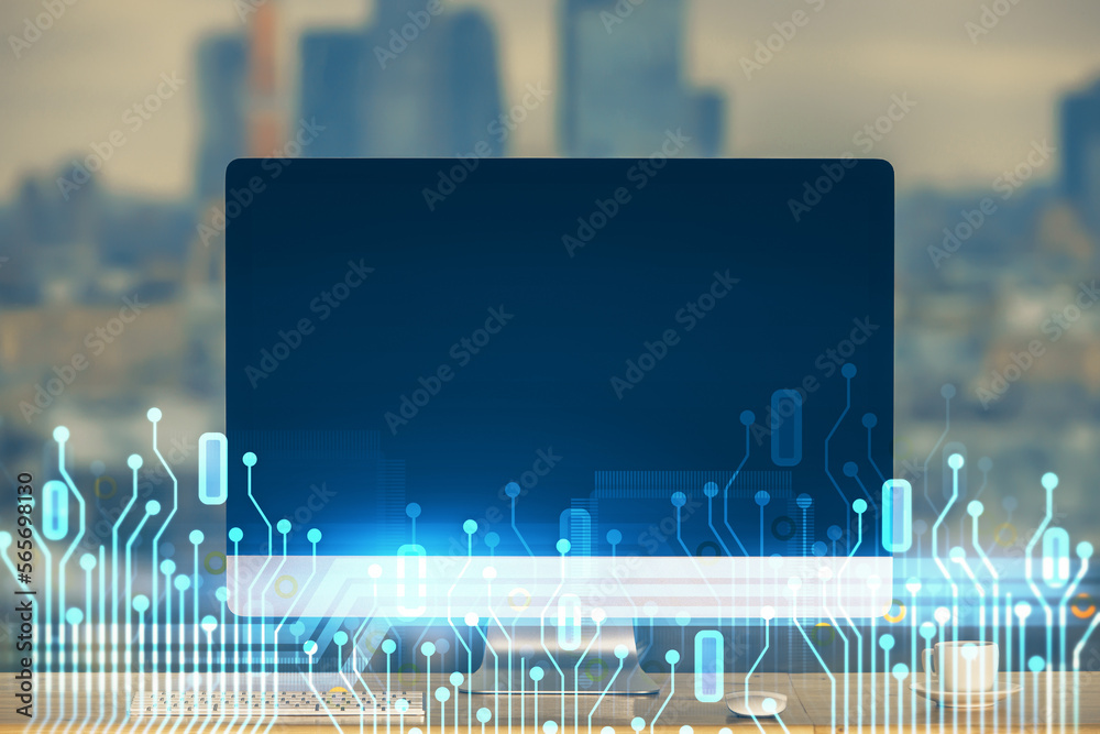 Aufkleber Technology theme drawing and table with computer. Multi exposure. Concept of information.