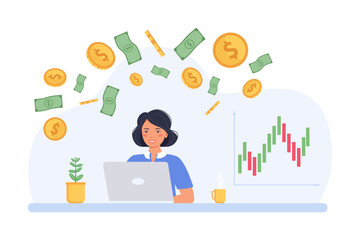 Earn money online, woman with a computer banknotes and coins. Success concept. Vector illustration in flat style