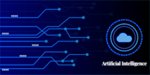 Blue futuristic networking technology with ai cloud technology. Artificial Intelligence on deep blue background. Background with hitech digital data.