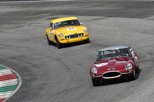 Scarperia, 3 April 2022: Jaguar E-Type 3.8 1961 in action during Mugello Classic 2022 at Mugello Circuit in Italy.