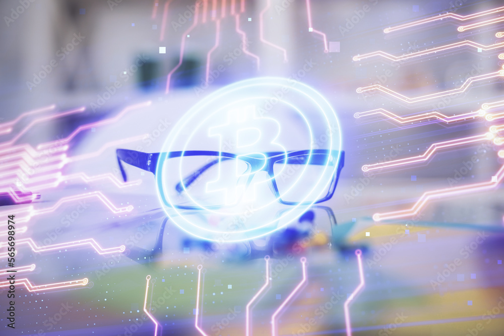 Poster crypto theme hologram with glasses on the table background. concept of blockchain. double exposure.