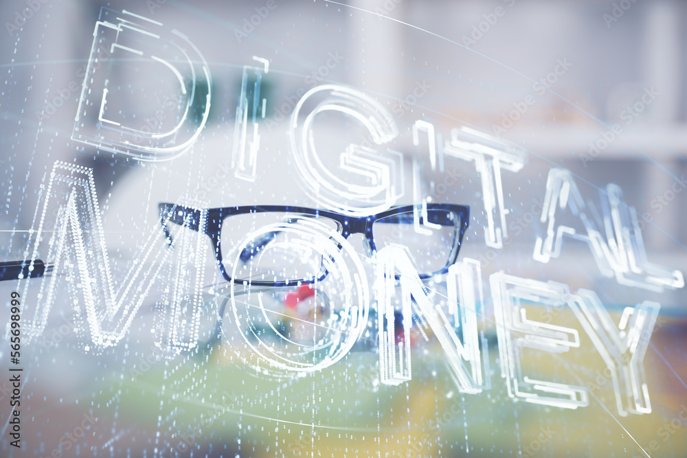 Poster crypto theme hologram with glasses on the table background. concept of blockchain. double exposure.