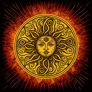 a sun with a face in the middle of it, a tattoo, psychedelic art, global illumination, fractalism