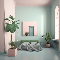 generative ai illustration - interior bedroom, minimal style, soft bright colors, pink and white, home decor