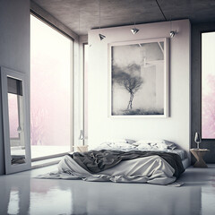 Fototapeta na wymiar generative ai illustration of a white scene bedroom, minimal style and home decor