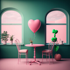 generative Ai illustration of an interior romantic room, pink and green, table and chairs, plants, pop concept decor