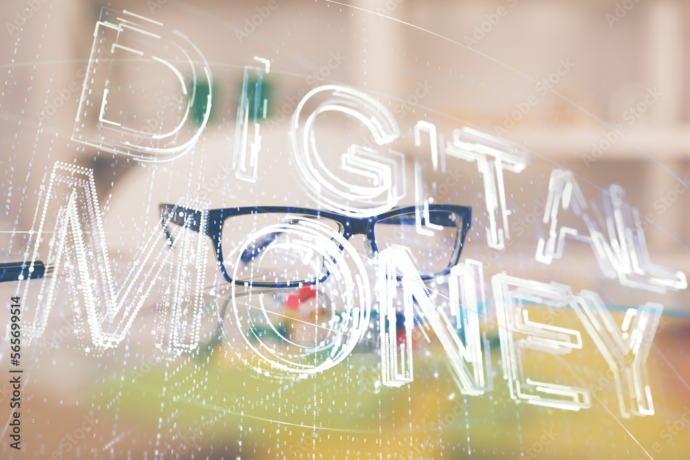 Poster crypto theme hologram with glasses on the table background. concept of blockchain. double exposure.