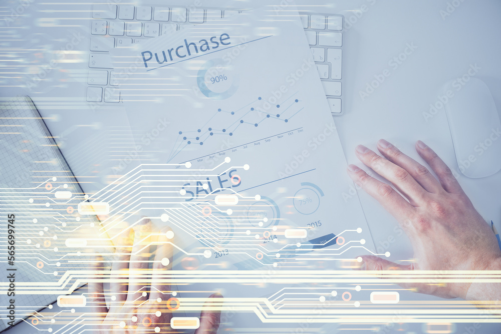 Poster man hands with data theme double exposure icons.