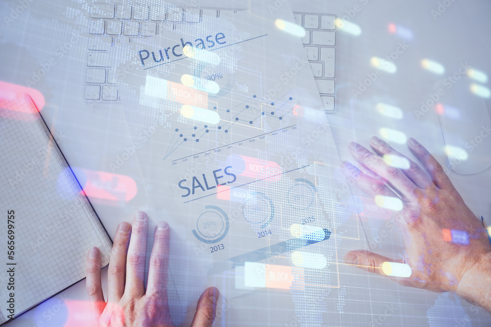 Aufkleber man hands with data theme double exposure icons.