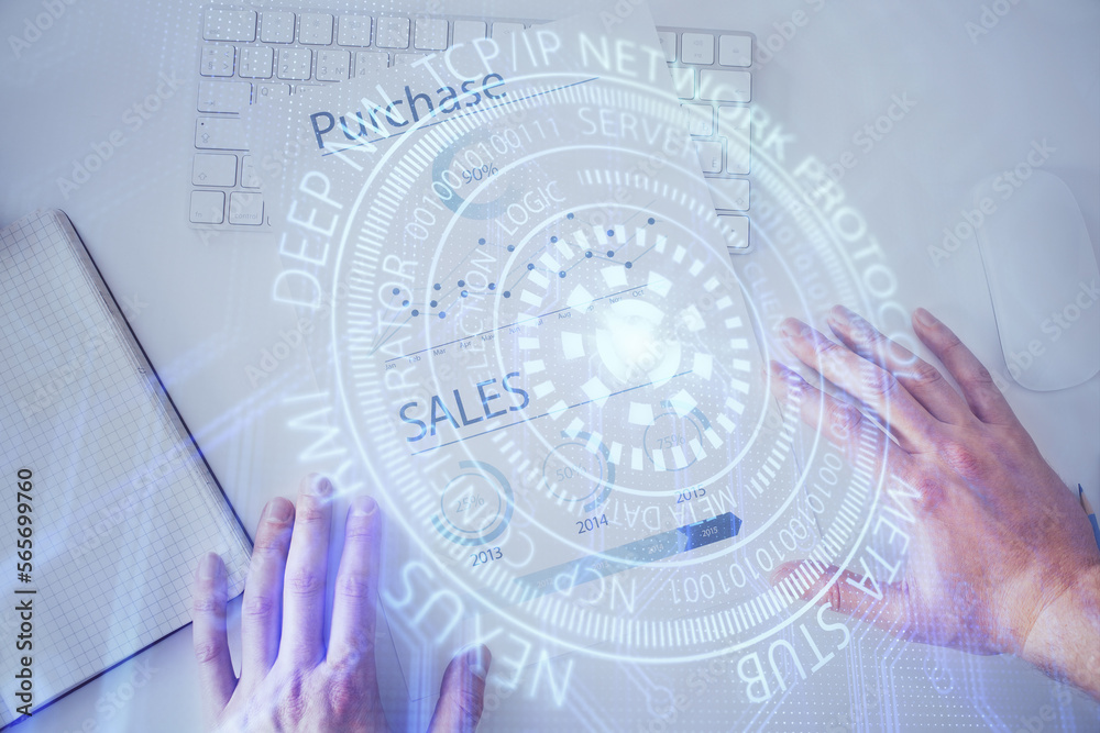 Poster Man hands with data theme double exposure icons.
