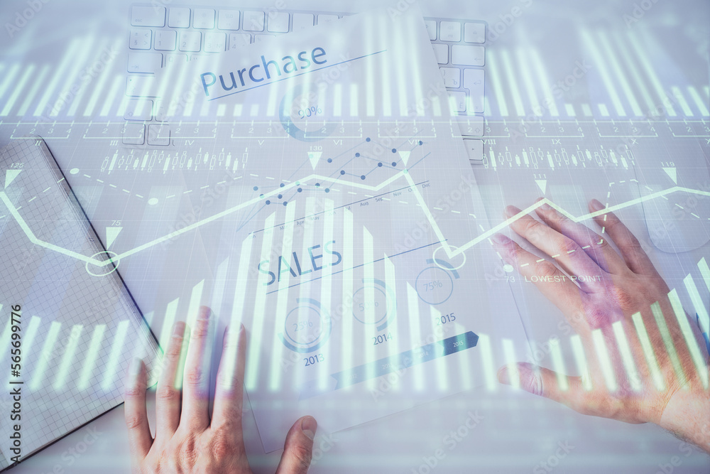 Poster man hands with data theme double exposure icons.