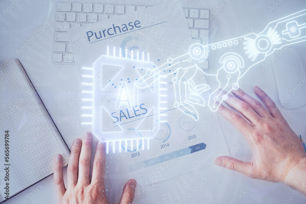Poster man hands with data theme double exposure icons.