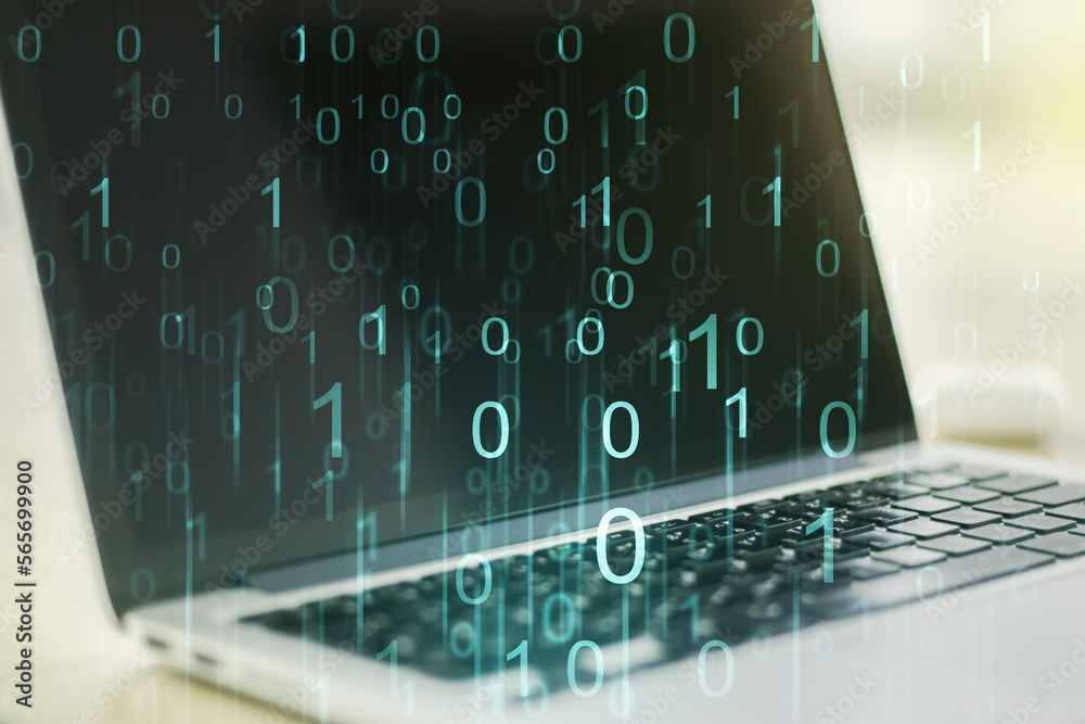 Fototapete creative abstract binary code hologram on modern computer background, ai and machine learning concep