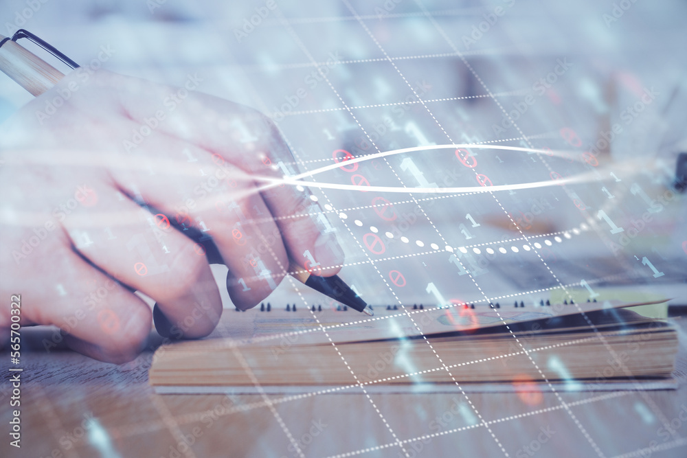 Poster double exposure of man doing notes of stock market with forex graph.