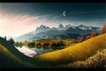 beautiful sunset landscape with mountains, generative ai