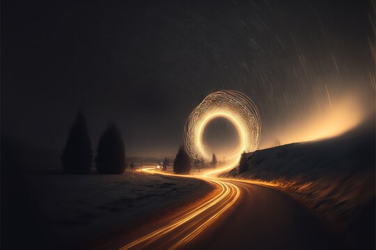  A Long Exposure Of A Road With A Light Painting Of A Circle On It's Side And A Car Driving Through The Middle Of The Road.  Generative Ai