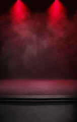 The dark stage shows. dark red background. Generative AI
