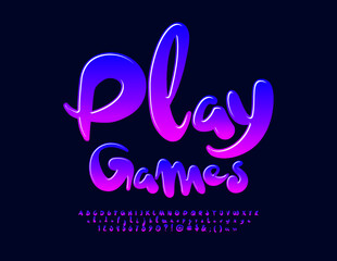 Vector creative Emblem Play Games. Glossy handwritten Font. Bright modern Alphabet Letters, Numbers and Symbols