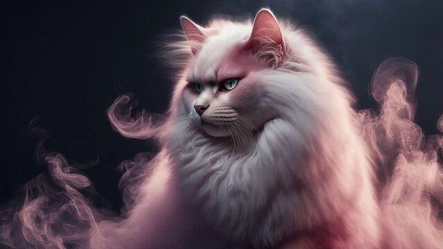 Cinemagraph of cute pink furry cat surrounded by smoke, ai generated
