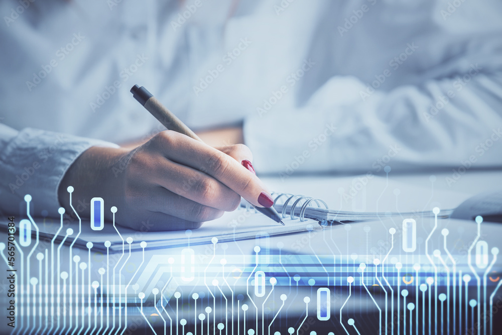 Poster multi exposure of writing hand on background with data technology hologram. concept of innovation.