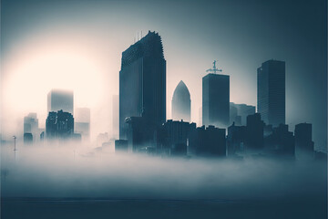 A city skyline obscured by fog, made using generative ai