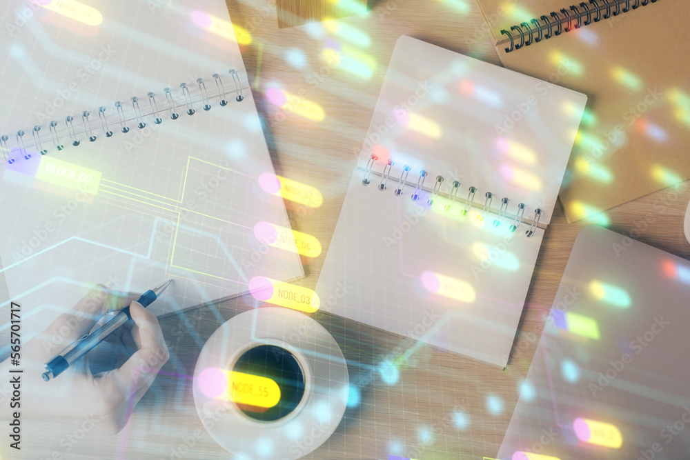 Poster multi exposure of woman's writing hand on background with data technology hud. concept of innovation