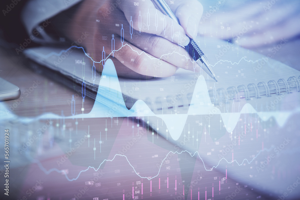 Poster a woman hands writing information about stock market in notepad. forex chart holograms in front. con