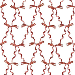 Seamless pattern of red bows and curly ribbons forming a grid. Watercolor illustration. Isolated on a white background. For design of wrapping paper, wallpaper, fabrics, holiday decorations