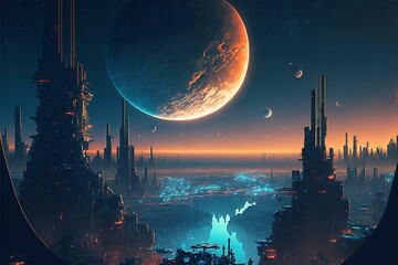 Fototapeta premium A sprawling metropolis illuminated by millions of lights and illuminated buildings, with a vibrant moon in the sky