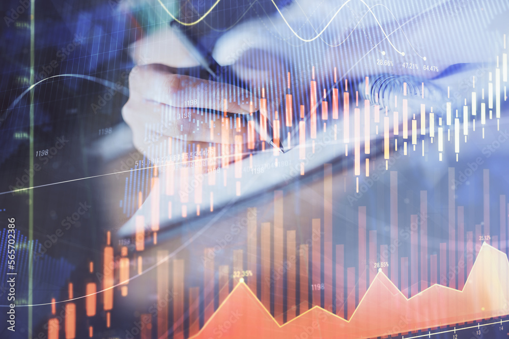 Poster financial forex graph displayed on hands taking notes background. concept of research. double exposu