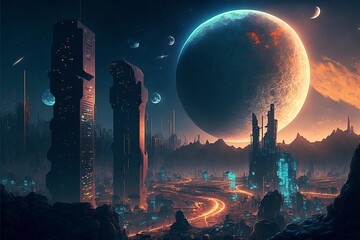 A sprawling metropolis illuminated by millions of lights and illuminated buildings, with a vibrant moon in the sky