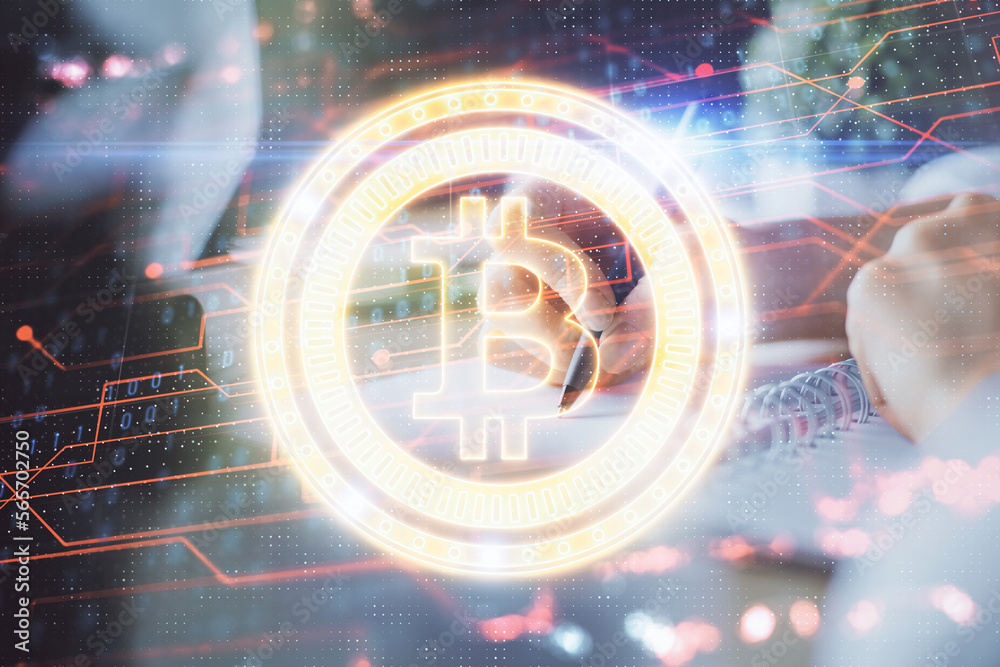 Poster cryptocurrency hologram, bitcoin, ico theme over hands taking notes background. concept of blockchai