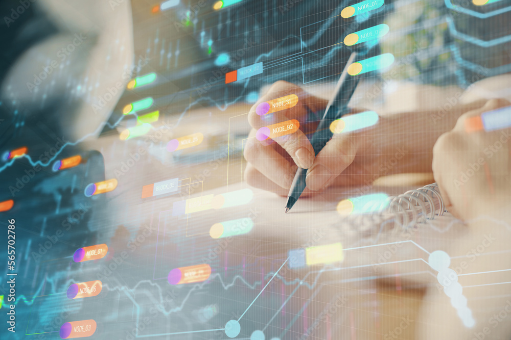 Poster Double exposure of hands making notes background with technology and digital coding huds. Data learning concept.
