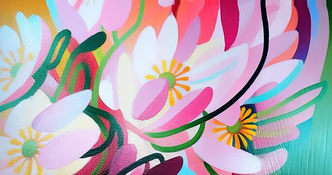 illustrated animation gouache painting of a bouquet of colorful flowers with very long petals afternoon sunlight neon glowing, vivid, colorful bright