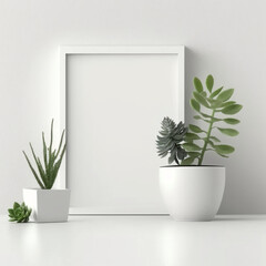 mockup horizontal frame mockup in modern minimalist interior with trendy potted plant on white wall background, generated by AI