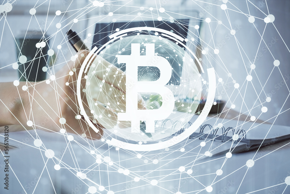 Poster cryptocurrency hologram, bitcoin, ico theme over hands taking notes background. concept of blockchai