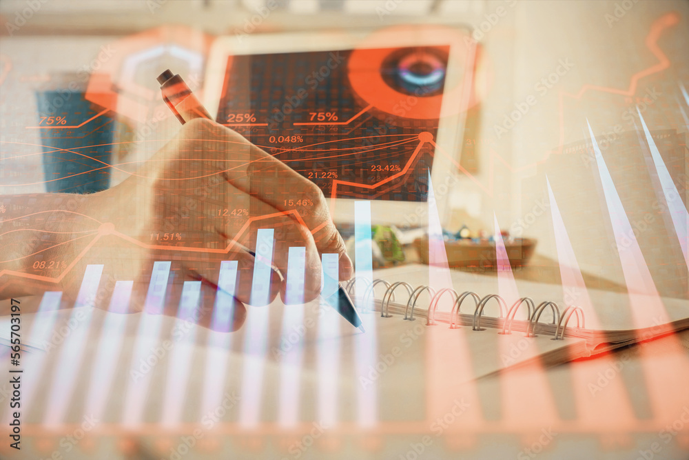 Poster financial forex graph drawn over hands taking notes background. concept of research. multi exposure