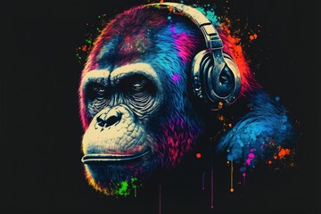 Colorful Apes Wearing Headphones Generative AI