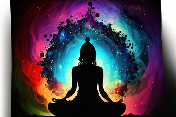 yoga in the lotus position on beautiful fantasy colorful background, generative ai