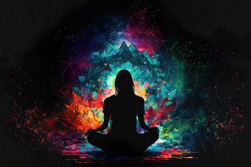 yoga in the lotus position on beautiful fantasy colorful background, generative ai