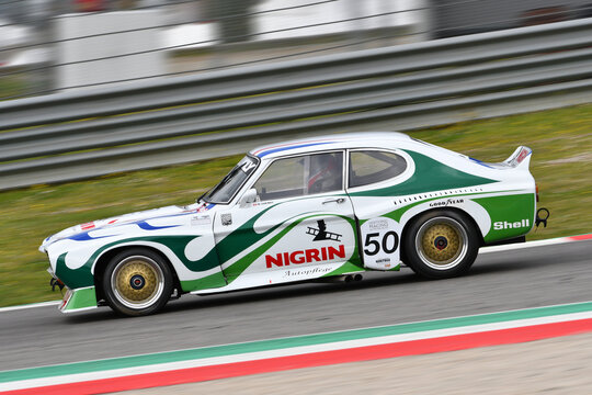 Scarperia, 3 April 2022: Ford Capri RS 3100 1975 driven by unknown in action during Mugello Classic 2022 at Mugello Circuit in Italy.